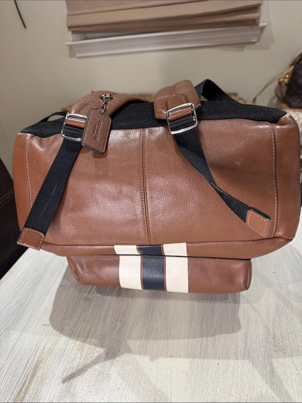 Coach Houston Men’s Brown Leather Backpack Set with Stripe Accent